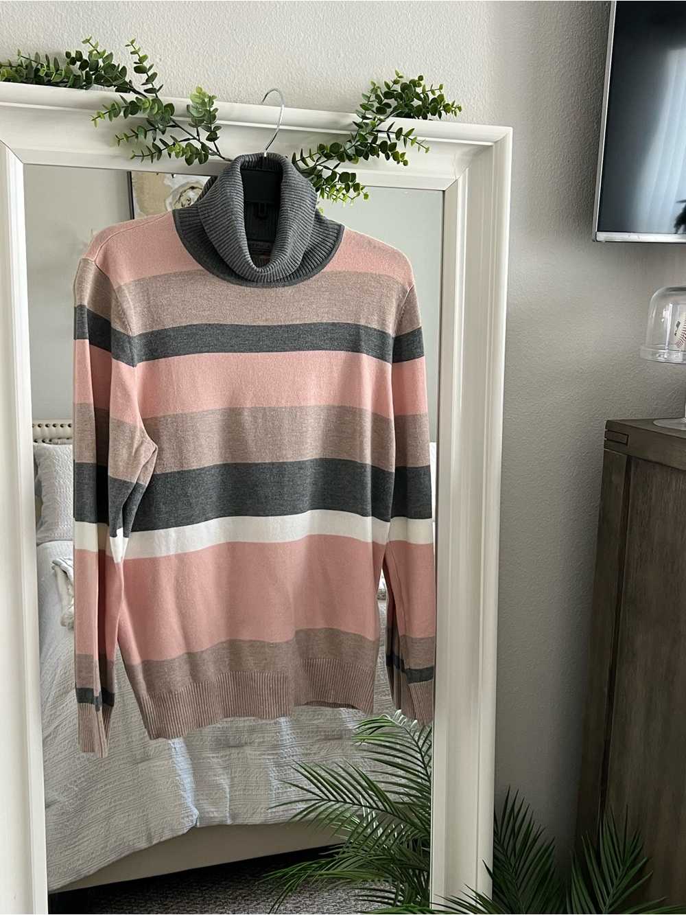 Joseph A Striped Cowlneck Sweater – Blush, Gray & Cream